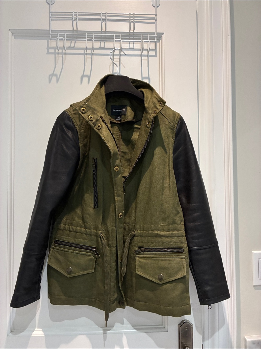 Club Monaco Olive and Black Mixed-Material Utility Jacket Leather Sleeves👵MT